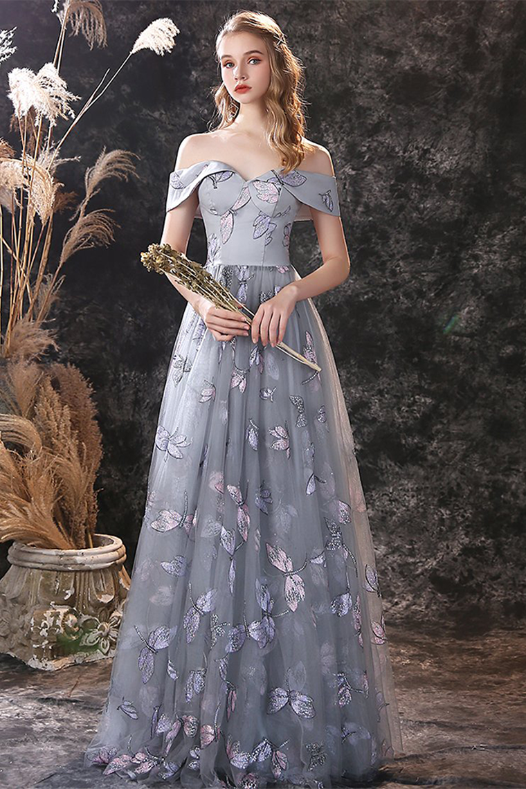 A-line Strap Grey Prom Dress Long Floor-Length Evening Dress