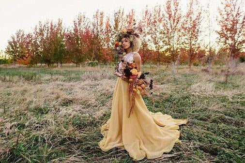 Chic Two Pieces Yellow Long Country Wedding Dresses With Lace, Cheap Prom Dresses STC15508