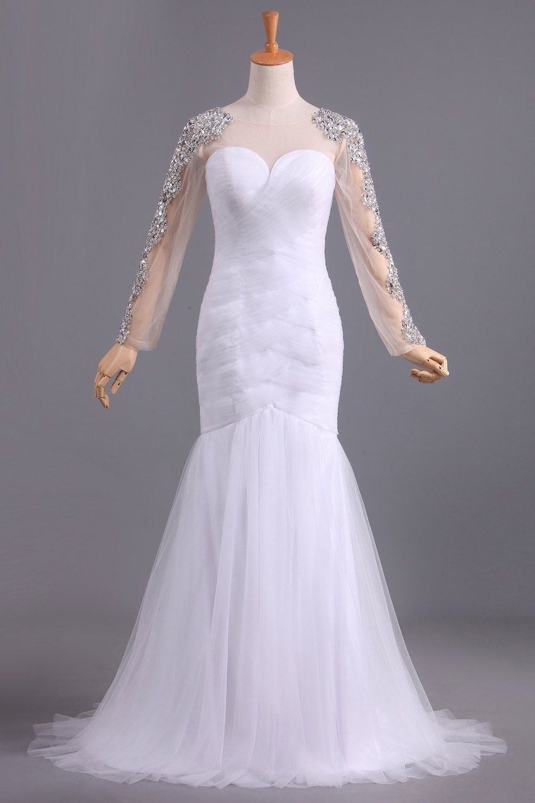 Wedding Dresses Mermaid Scoop Long Sleeves Floor Length Tulle With