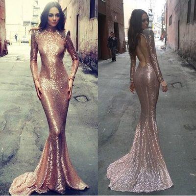 Long sleeve mermaid Rose Gold sequin prom dresses Backless prom dress sexy prom dresses