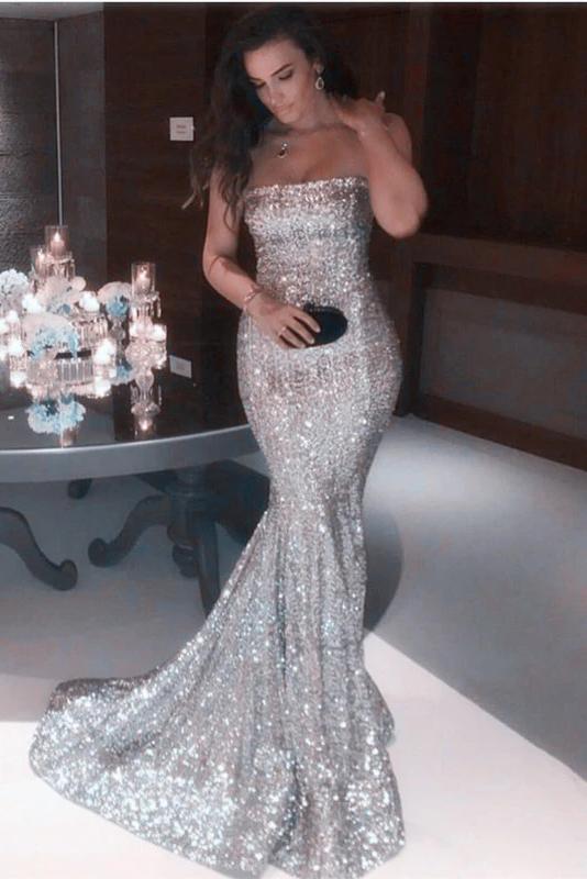 Sexy Mermaid Sequins Strapless Long Evening Dresses, Simple Prom STC15665