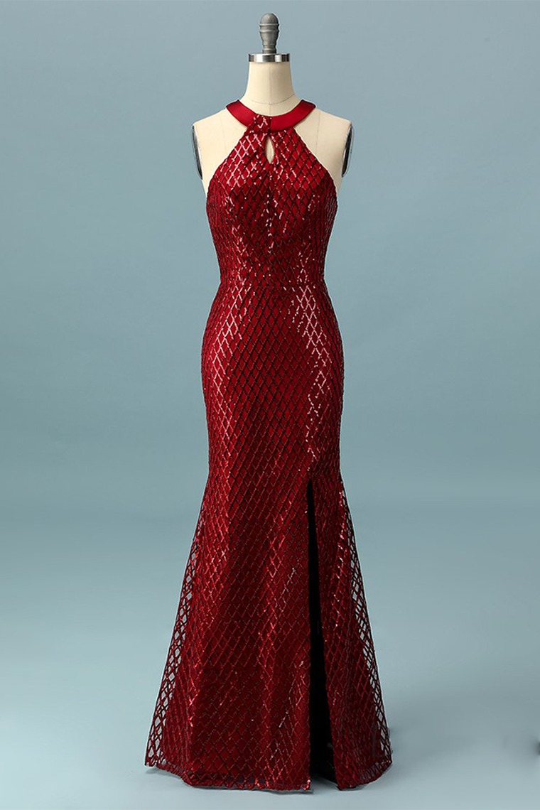 Glitter Red Halter Prom Dress Open Back Evening Dress