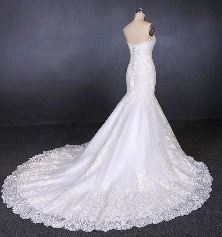 Charming Strapless Sweetheart Mermaid Lace Appliques White Wedding Dresses STC15128