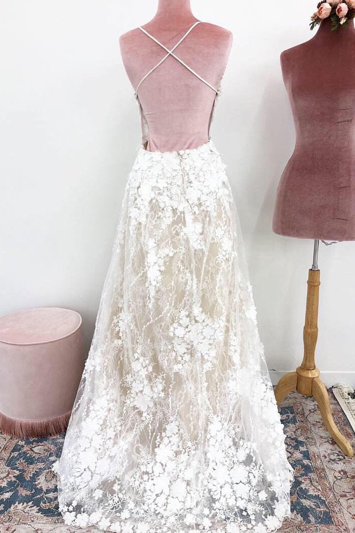 Unique Spaghetti Straps Lace Appliques V Neck Wedding Dresses, Long Wedding Gowns STC15466