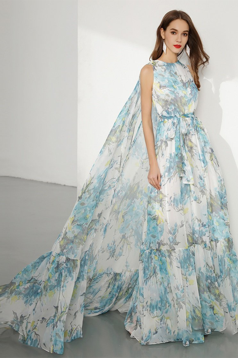 Floral Printed Chiffon Long Prom Dress Sleeveless For Formal Occasion