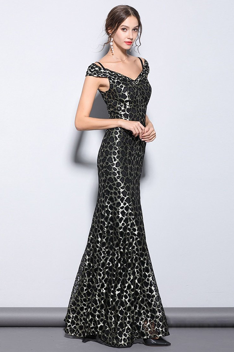Long Black Leopard Off-the-Shoulder Prom Dress