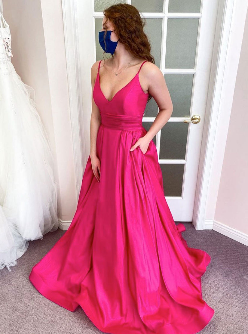 Simple Pink Sleeveless V Neck Satin Long Prom Dresses