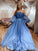 A Line Formal Evening Dresses Blue Organza Long Sleeves Strapless Prom Dresses