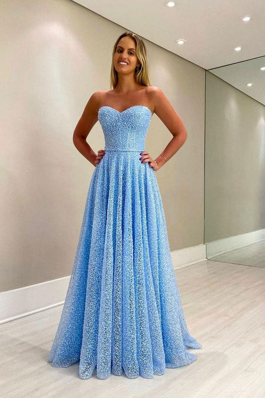 Sky Blue A-Line Lace Strapless Sweetheart Formal Evening Dresses Long Prom Dresses