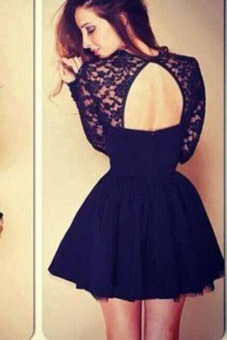 Sexy Ball Gown High Neck Long Sleeves Lace Backless Black Short Homecoming Dress