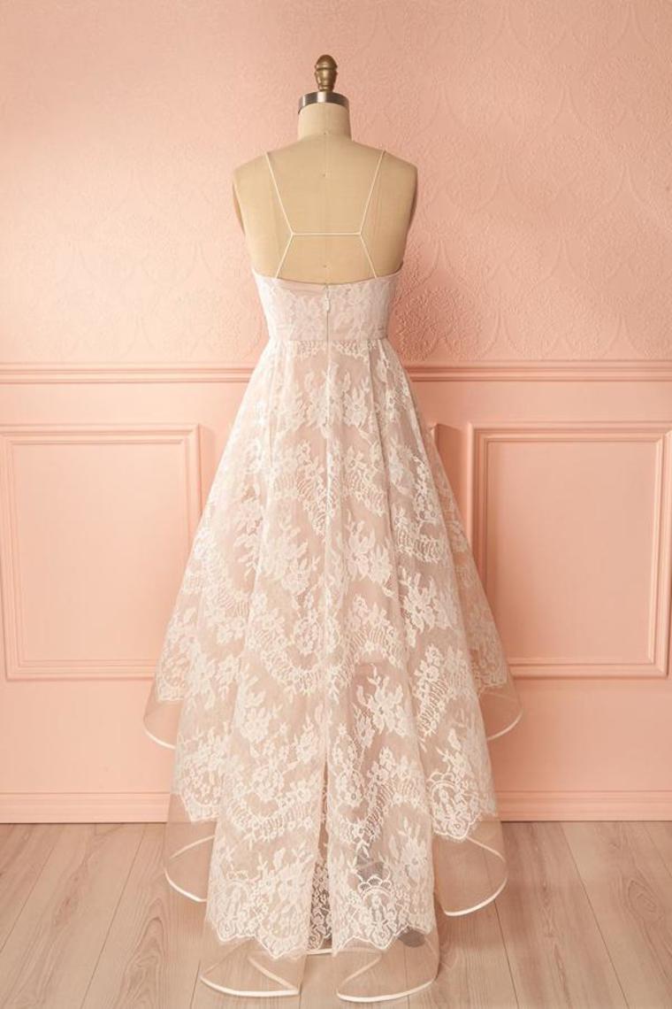 Spaghetti Straps Pink And Ivory Open Back Lace High Low Prom