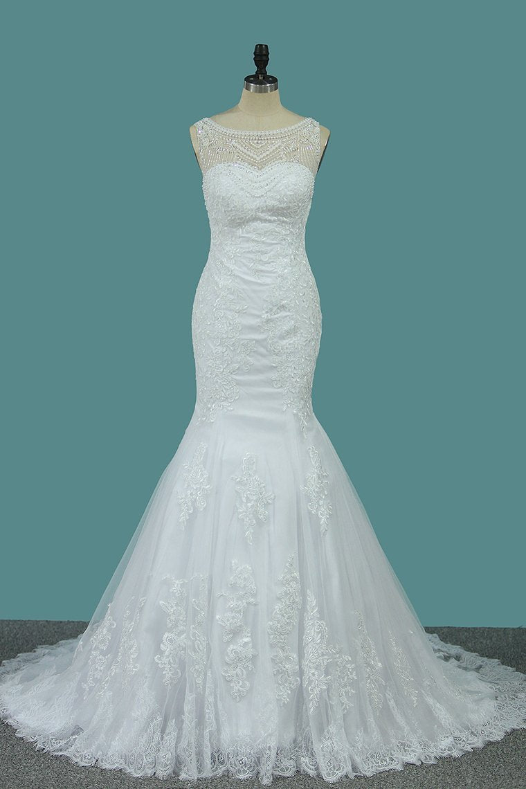 2024 New Arrival Wedding Dresses Scoop Mermaid Tulle With Applique And