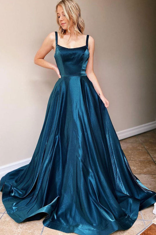 Ink Blue A-Line Formal Evening Dresses Spaghetti Straps Long Prom Dresses