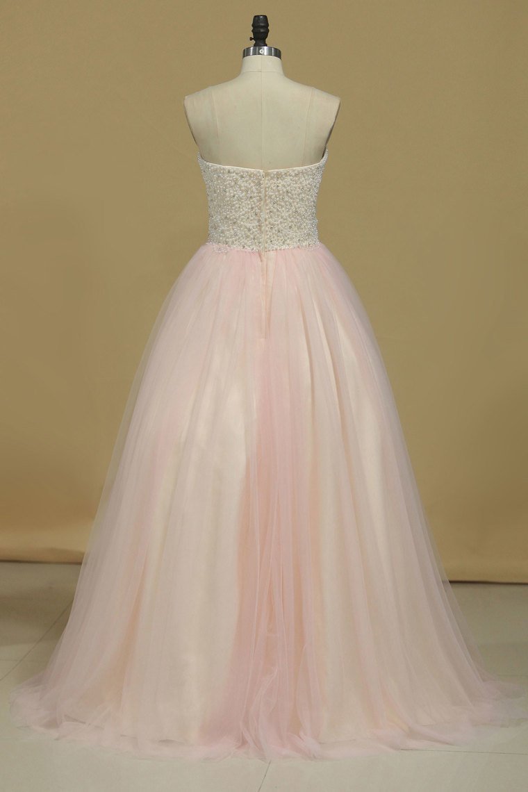 Prom Dresses Sweetheart Beaded Bodice A Line Tulle Sweep