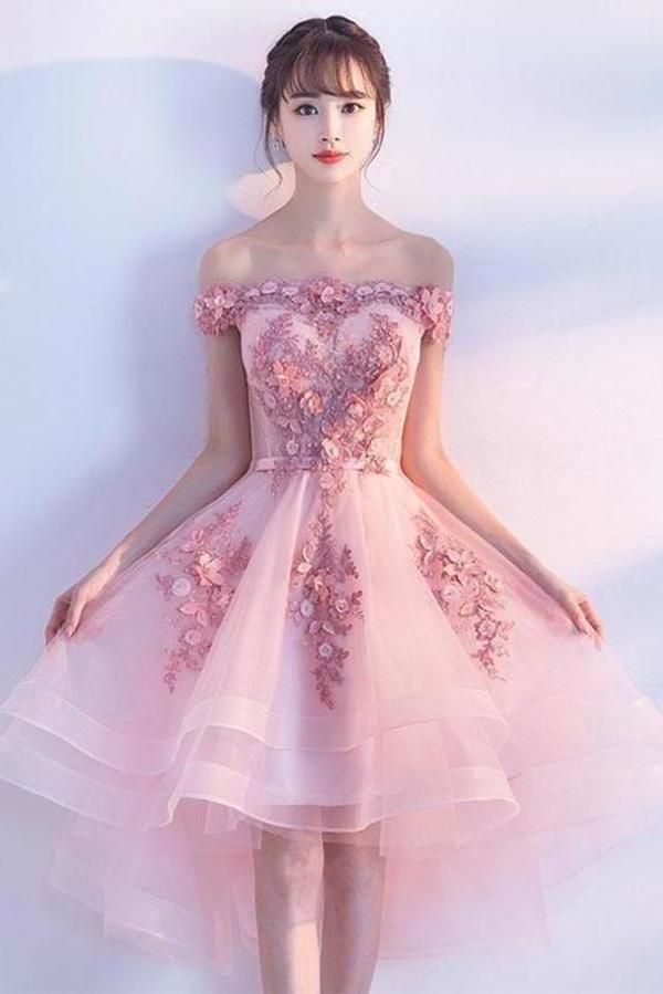 Pink Lace Tulle Short Prom Dress Off-the-Shoulder Appliques Lace up Homecoming Dresses STCPST13190