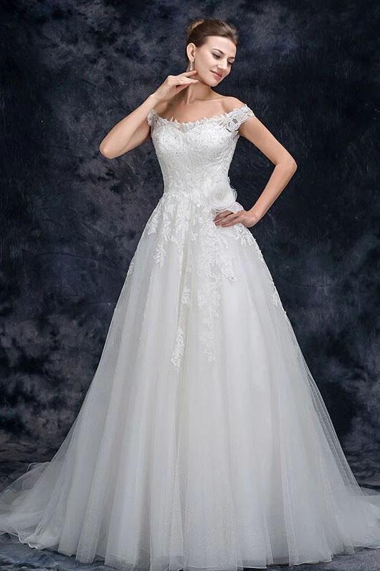 Off the Shoulder Tulle Wedding Dress with Lace Applique, A Line Long Bridal Dresses STC15273