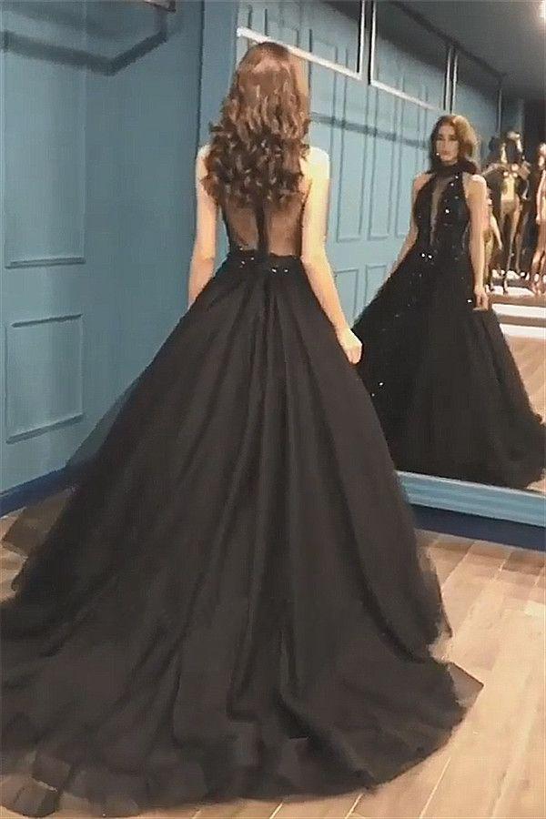 Sexy Ball Gown High Neck Black Tulle V Neck Sequins Party Dresses, Prom Dresses STC15594