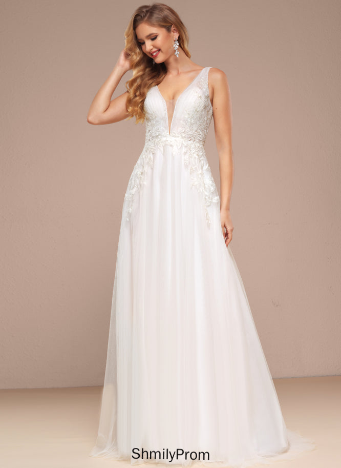 Wedding Train With Lace Wedding Dresses Sweep Tulle Maliyah Dress V-neck Sequins A-Line