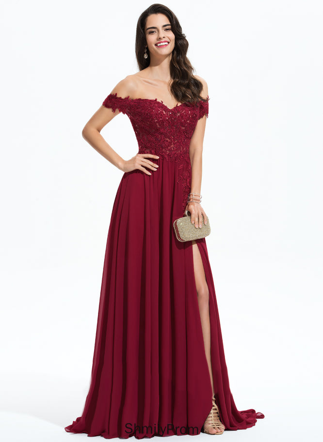 Chiffon With Prom Dresses Kay Off-the-Shoulder Train A-Line Lace Sequins Sweep