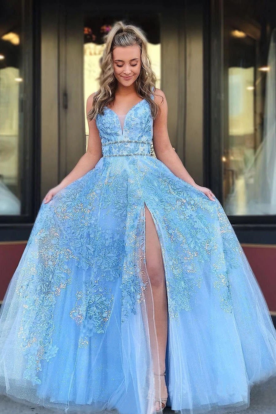 Elegant A Line Lace Appliques Blue V Neck Prom Dresses, Long Evening STC20407
