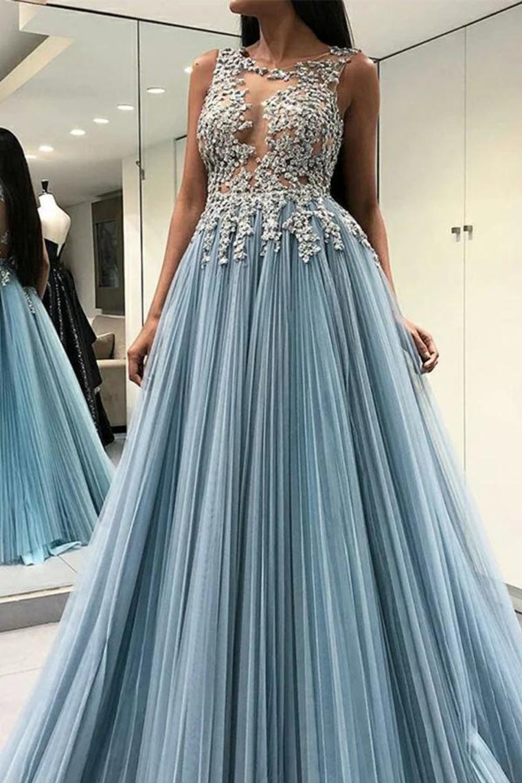A Line Sleeveless See Through Tulle Prom Dress With Appliques Floor Length Formal STCPMLLSKLL