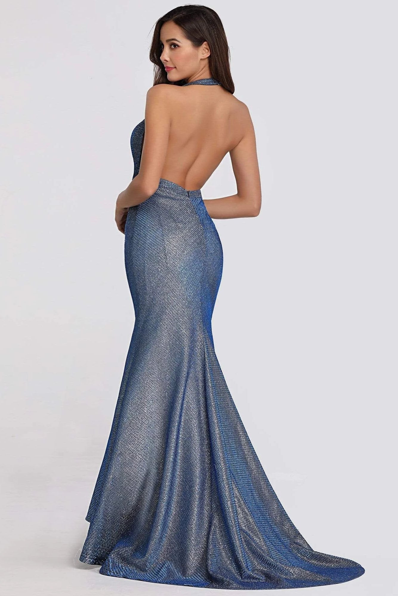 Sexy V Neck Halter Blue Backless Prom Dresses, Cheap Long Party Dresses STC15365