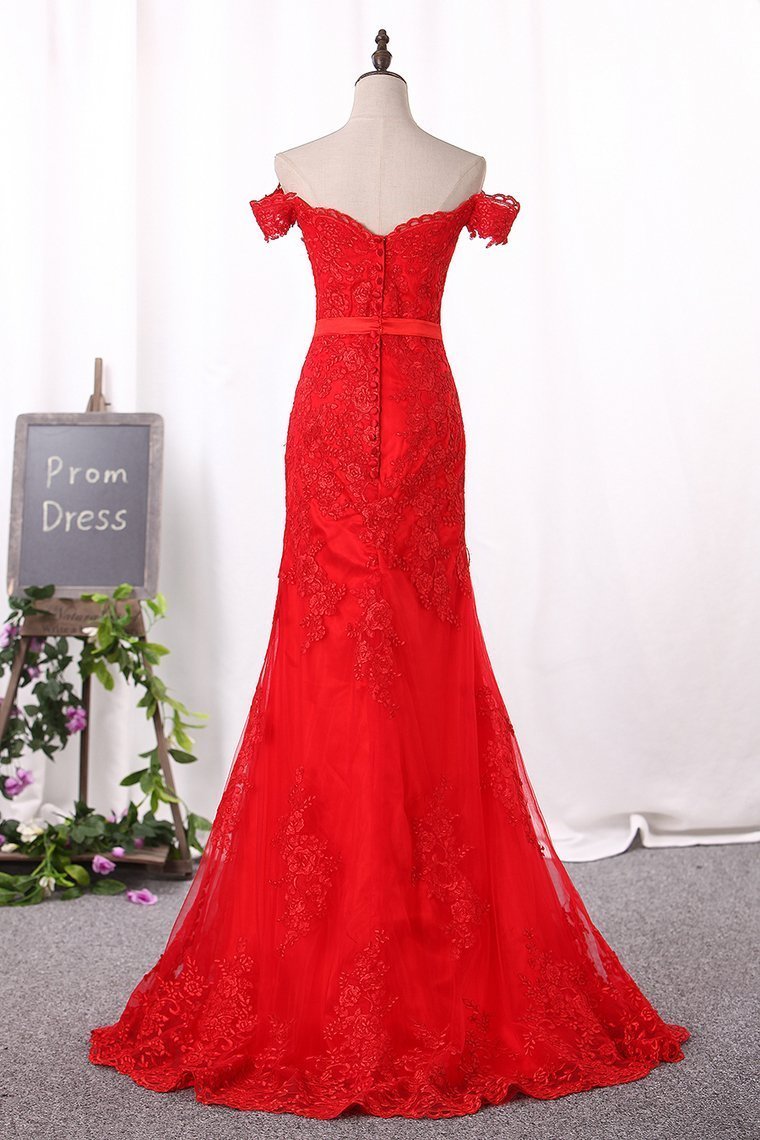 Red Mermaid Prom Dresses Off The Shoulder Tulle With Applique