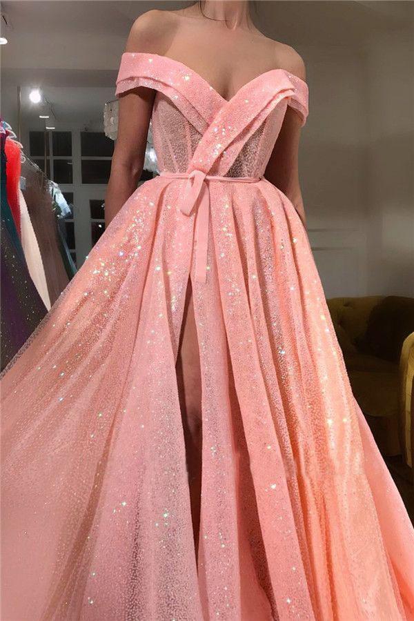A Line Pink Sequins Off the Shoulder Prom Dresses with Split, V Neck Dance Dresses STC15013