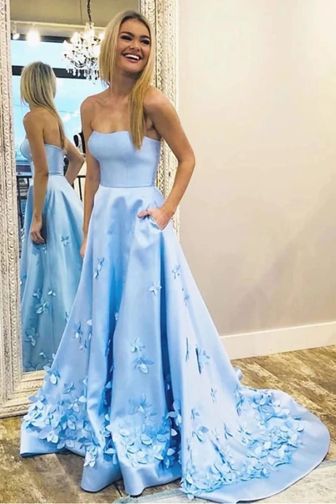 Princess A Line Strapless Blue Satin Sleeveless Prom Dresses with Pockets, Evening Dresses STC15285