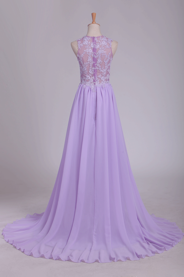 See-Through Scoop A Line Sweep Train Prom Dresses With Applique And