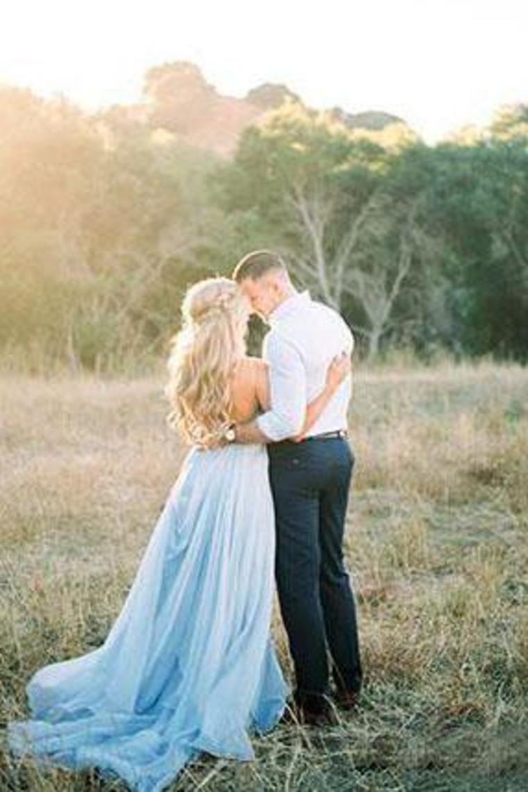 Thigh Split Sky Blue Rustic Beach Wedding Gown With Court Train Evening Prom