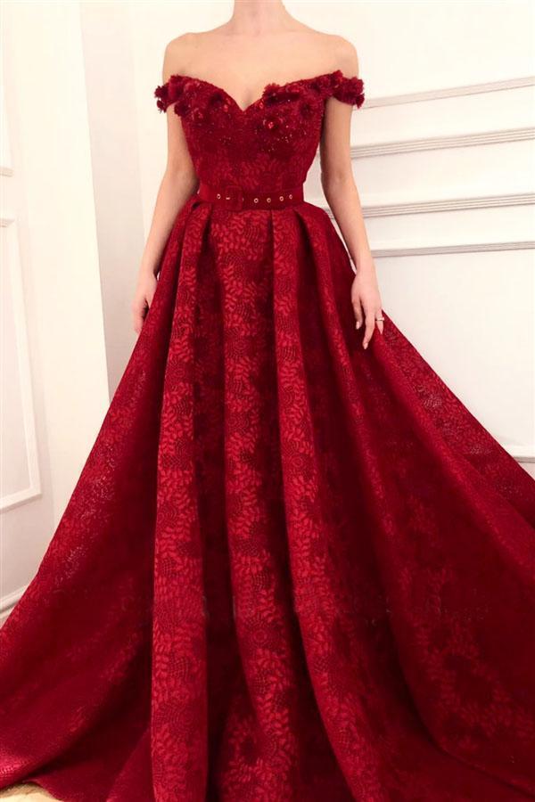 Charming Red Lace Off the Shoulder Prom Dresses, V Neck Handmade Flowers Party Dresses STC15121