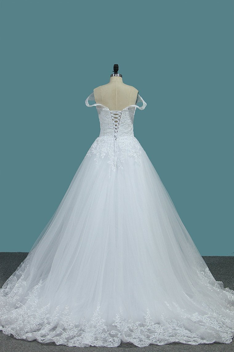 2024 A Line Tulle Off The Shoulder Wedding Dresses With Applique Sweep