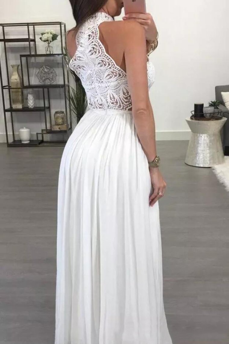 2024 High Neck A Line Chiffon & Lace Floor Length Prom
