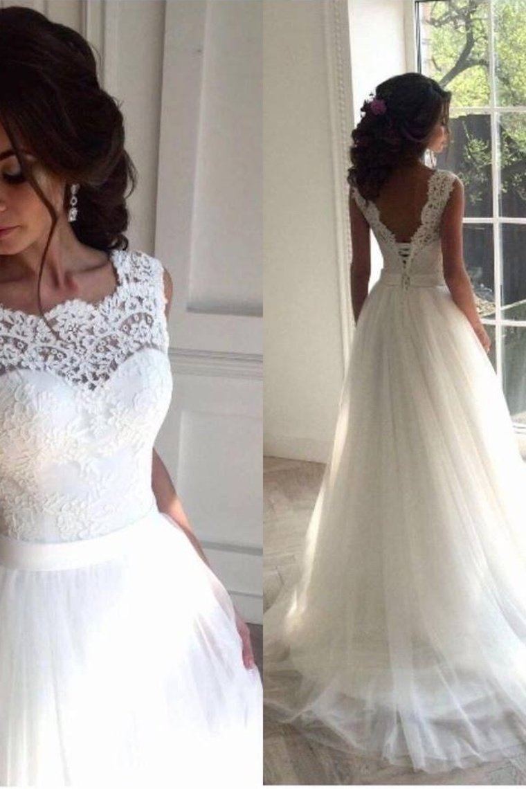 White Open Back Lace Up Modest Lace Tulle Wedding Dresses Bridal