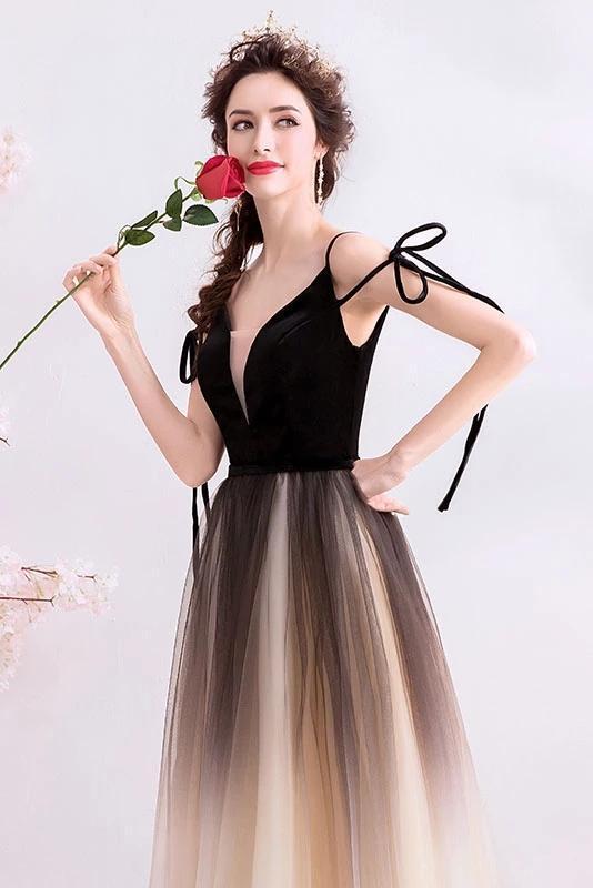 Spaghetti Straps Black Deep V Neck Formal Dress, Floor Length Tulle Ombre Prom Dresses STC15409