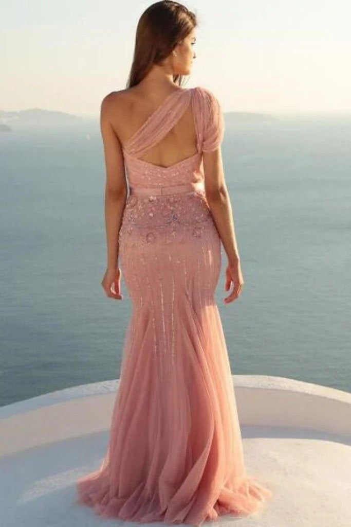 Charming Mermaid One Shoulder Tulle With Beads and Sash Prom STC20402