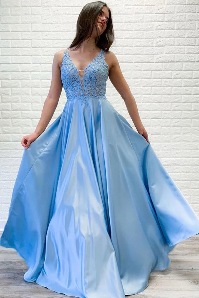 Flowy A-line V Neck Lace Long Prom Dresses Blue Satin Open Back Evening Party Dresses STC15229