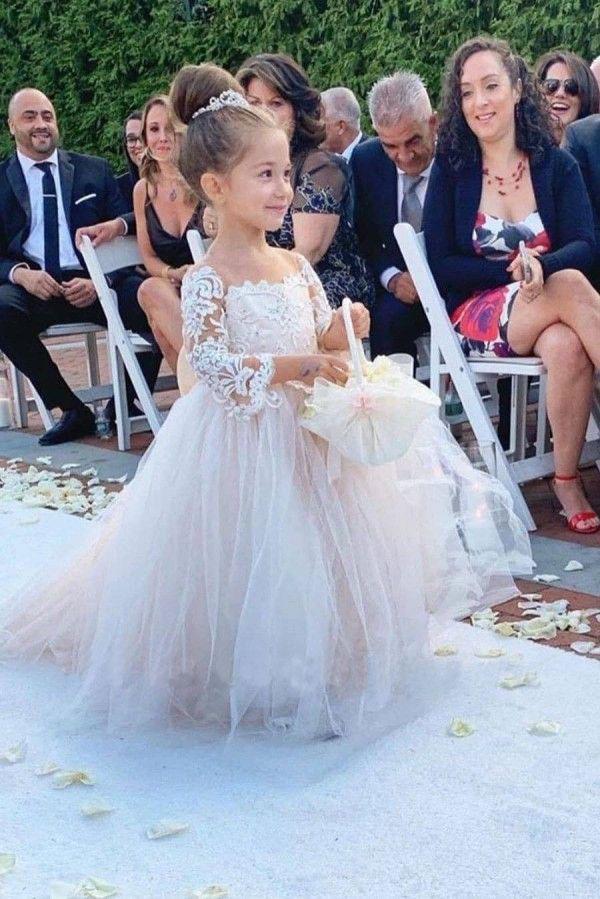 Ball Gown Long Sleeve Tulle Appliques Flower Girl Dresses with Bowknot, Baby Dresses STC15560