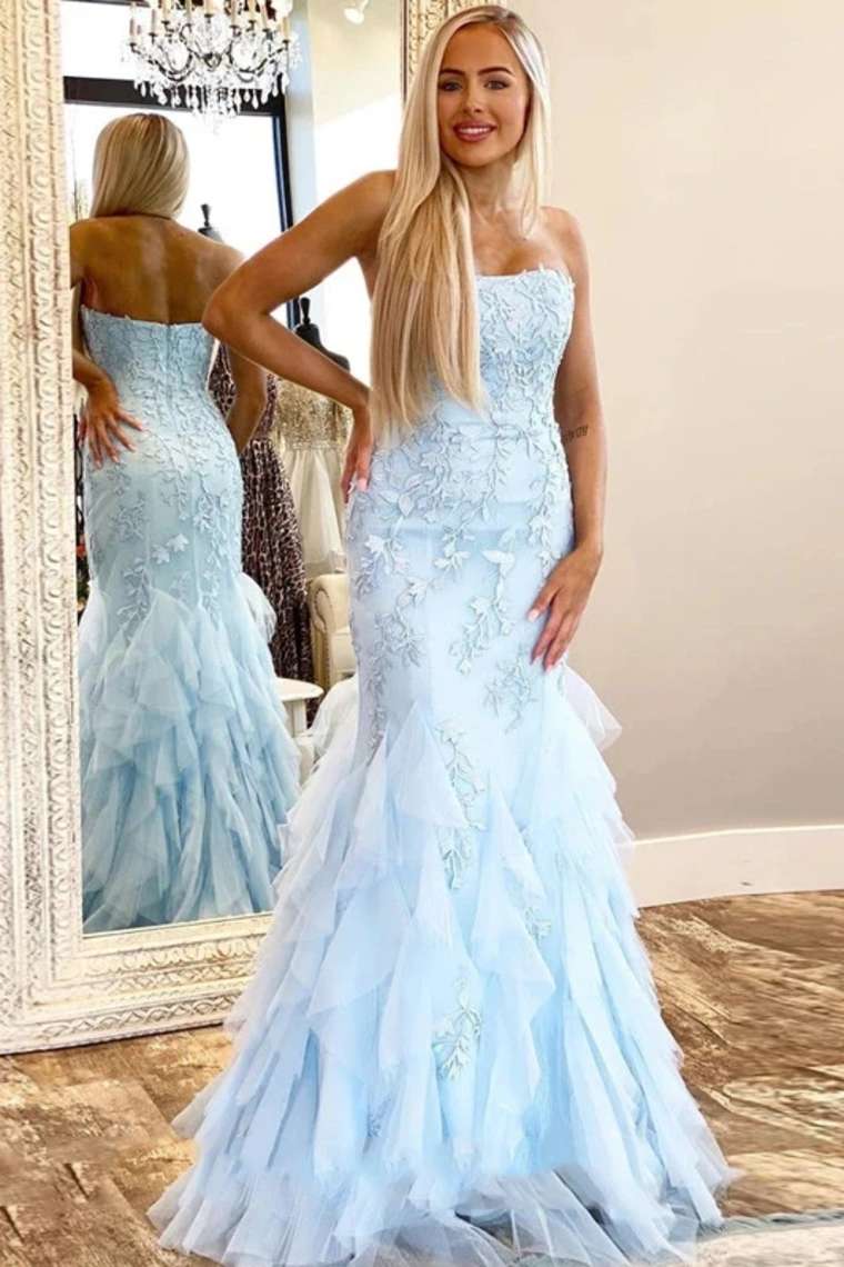 Mermaid Lace Appliques Prom Dress With Ruffles Strapless Long Evening STCP75RA7RH