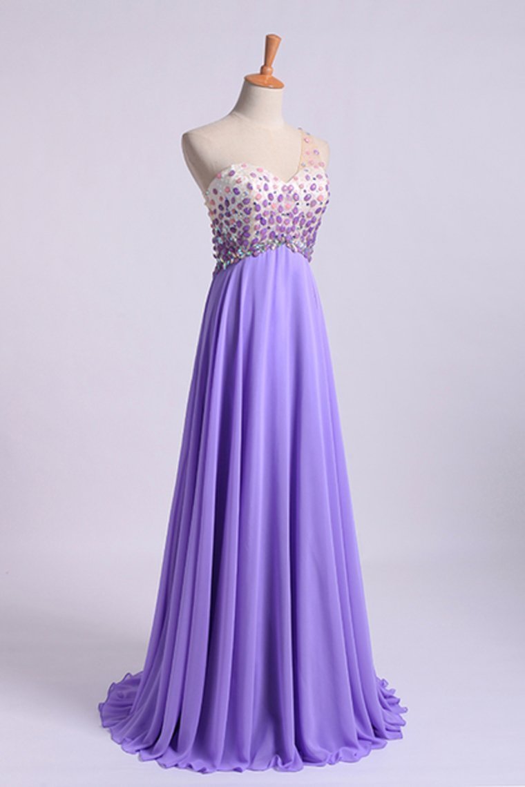 Romantic Prom Dresses A Line One Shoulder With Beadings Tulle And Chiffon Sweep