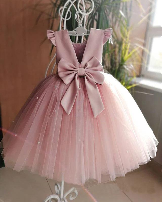 Lovely Pretty Pink Round Neck Tulle Flower Girl Dresses, Cheap Wedding Little Girl STC15258