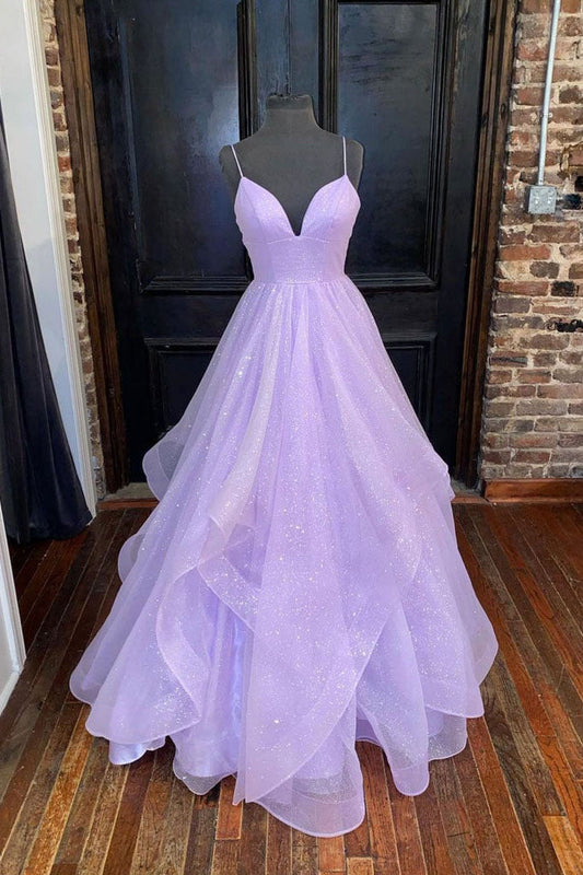 Lilac Spaghetti Straps Shiny A-Line Formal Evening Dresses Long Prom Dresses