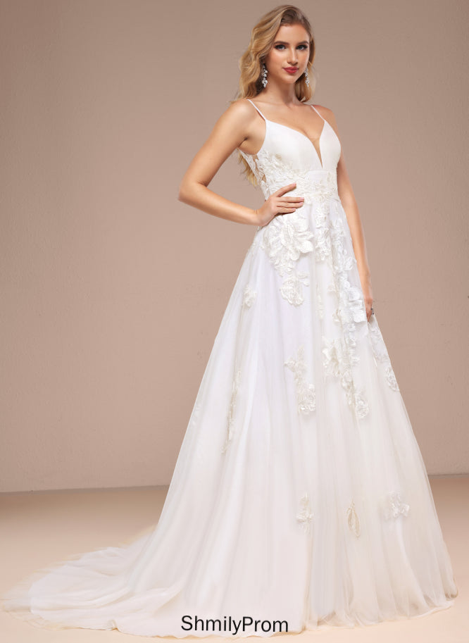 Sequins Wedding Court Train Tulle Ball-Gown/Princess Alyson V-neck Lace Wedding Dresses With Dress