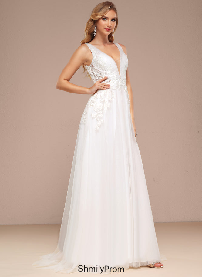 Wedding Train With Lace Wedding Dresses Sweep Tulle Maliyah Dress V-neck Sequins A-Line