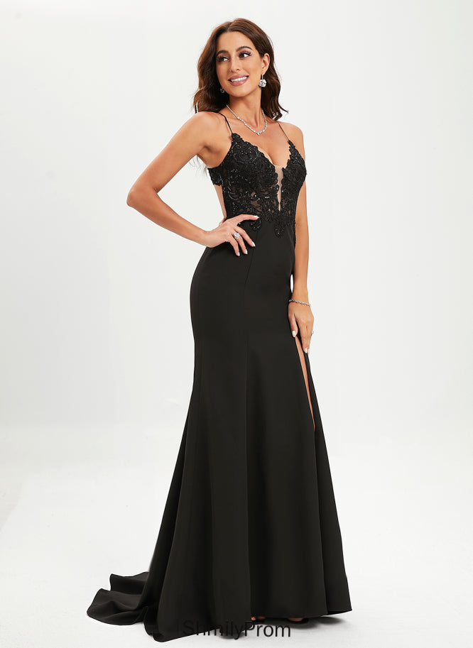 Trumpet/Mermaid V-neck Parker Sweep Train Crepe Lace Prom Dresses Stretch With Sequins