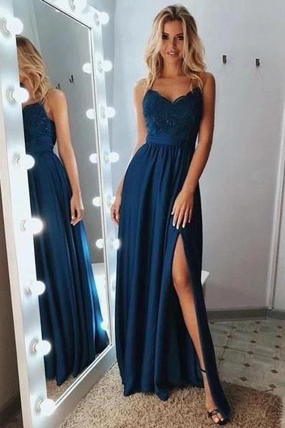Sexy A Line Spaghetti Straps Appliques Long V neck Prom Dresses with STC15662
