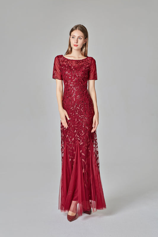 Elegant Mermaid Burgundy Tulle Prom Dresses Round Neck Long Evening Dresses STC15176