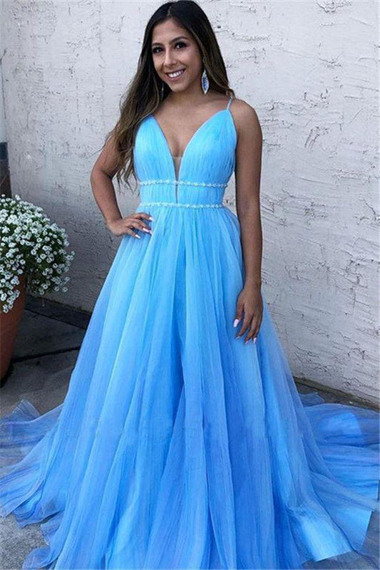 A Line Sky Blue Spaghetti Straps V Neck Tulle Prom Dresses, Cheap Evening Dresses STC15554