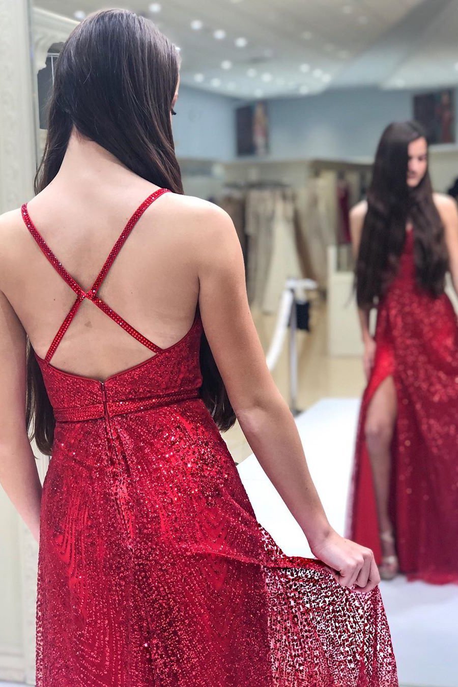 Sparkly V Neck A Line Red Spaghetti Straps Prom Dresses with Slit, Evening STC20447